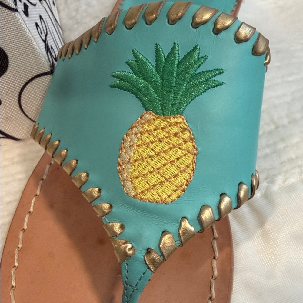 RARE Jack Rogers Pineapple Caribbean Blue w/ Gold Thong Leather Sandals Size 9 - Picture 2 of 8